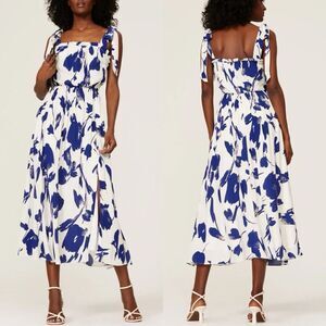 JASON WU Midi Dress Women 6 Blue Floral Tie Strap Blouson Pockets